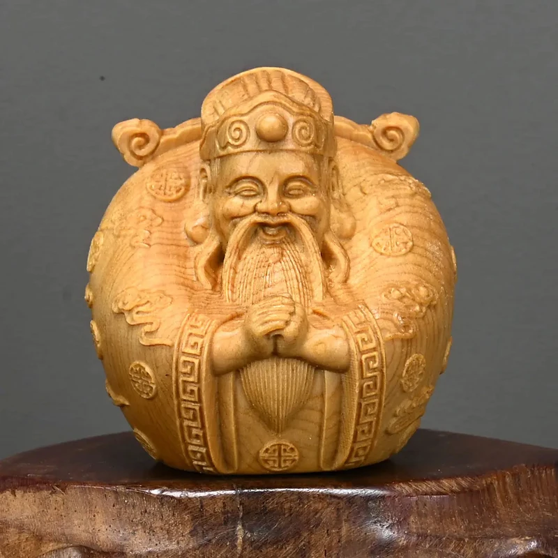 崖柏木雕工艺品雕刻圆财神手把件高5.5cm财源滚滚随身盘玩把件
