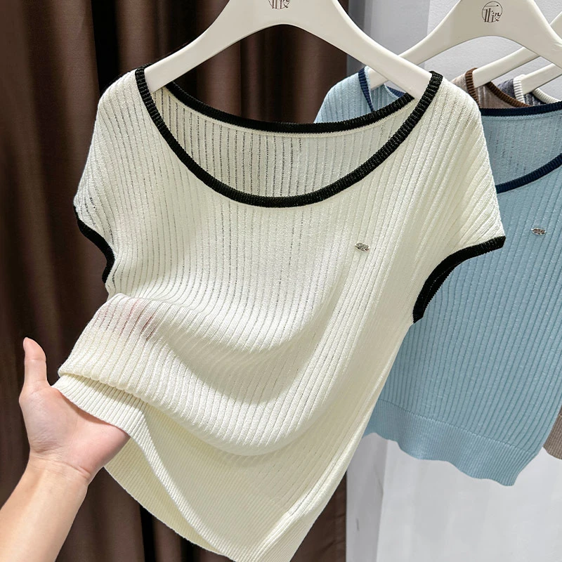 撞色圆领小飞袖上衣女针织2025夏季新款薄款t恤设计感打底衫小衫