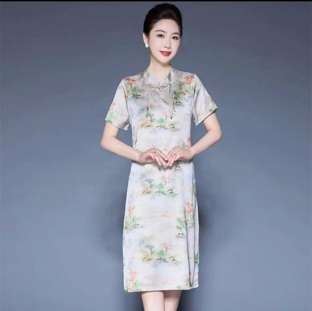 （苏依阁）CZY夏季新款盘扣流苏~山水小牡丹改良款旗袍连衣裙