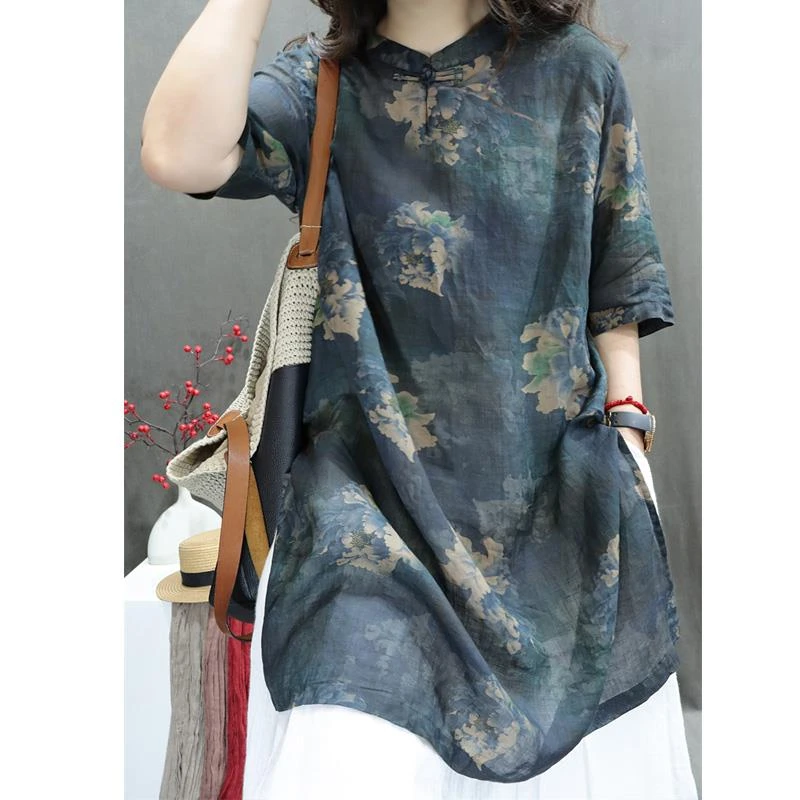 棉嘛女装2025夏季新款苎嘛印花复古立领盘扣宽松洋