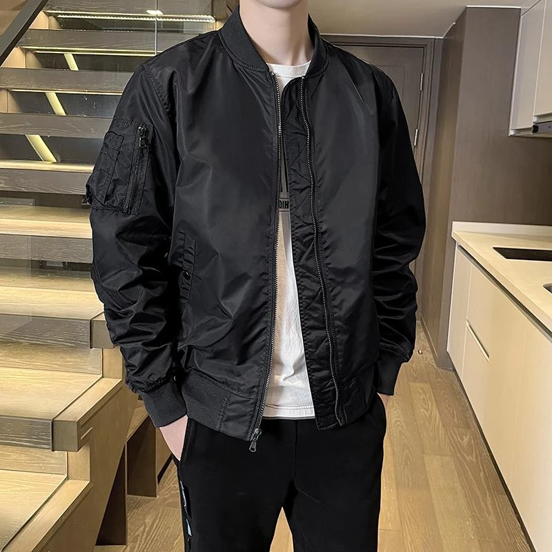 灏吉弧秋季新款百搭加厚外套男士棒球领时尚黑色飞行外套夹克衫