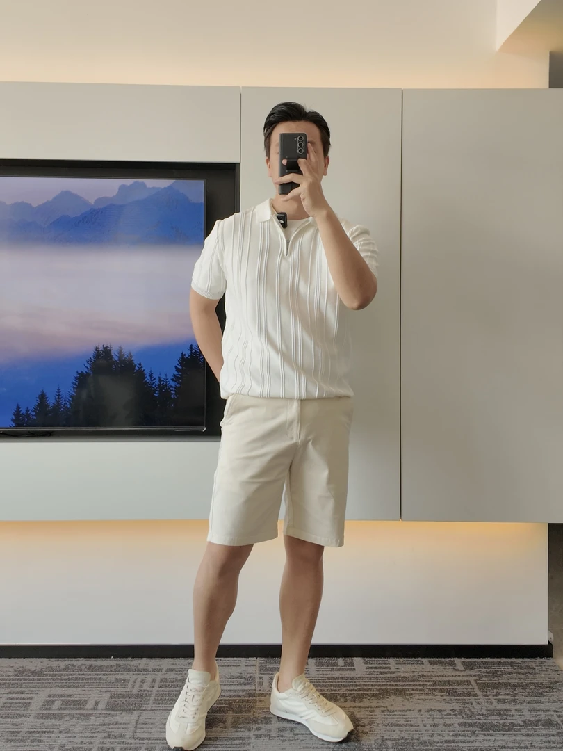 M136轻商务直筒五分短裤高级百搭夏季微宽松97棉纯色男弹力腰白色