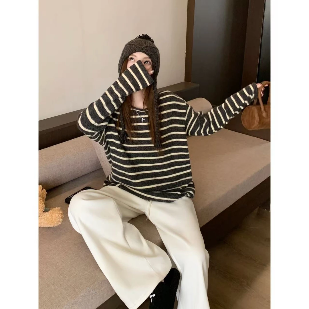 Y1058海盐奥利奥 日系海魂条纹衫女开春慵懒风软懦感上衣T恤