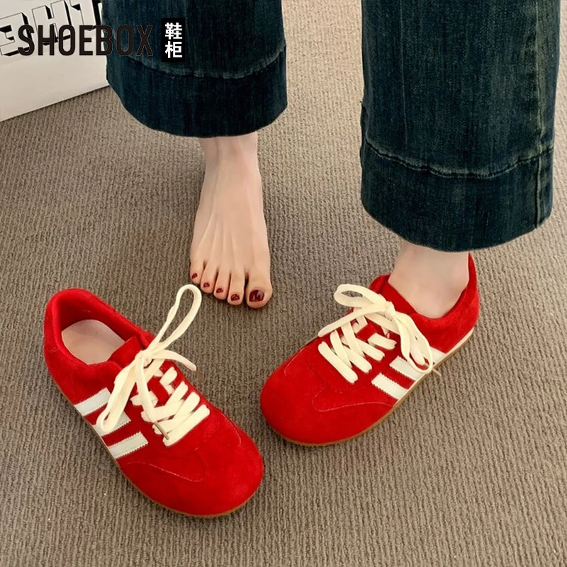 SHOEBOX鞋柜红色复古德训鞋女2025春季新款韩版厚底阿甘休闲鞋