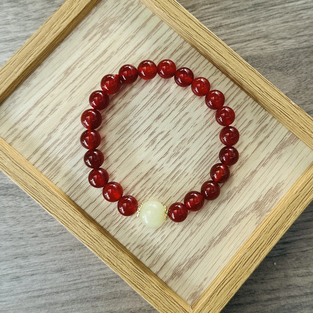 红玛瑙配和田玉单圈手串（多样性发一件）B-14