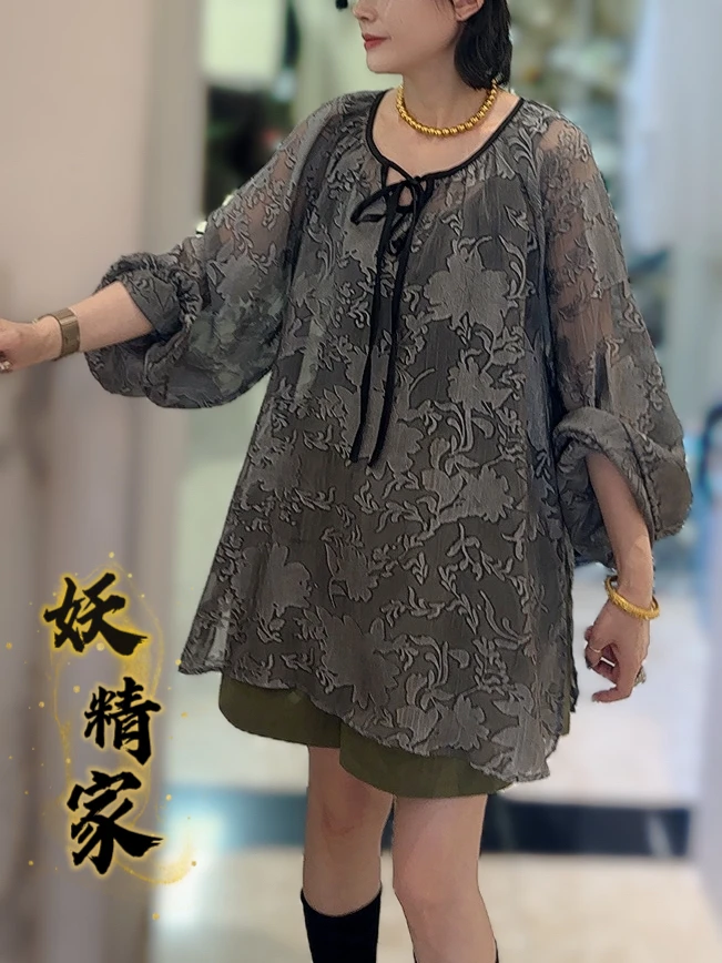 6638【妖精家】夏慵懒风灯笼袖防晒衬衫女