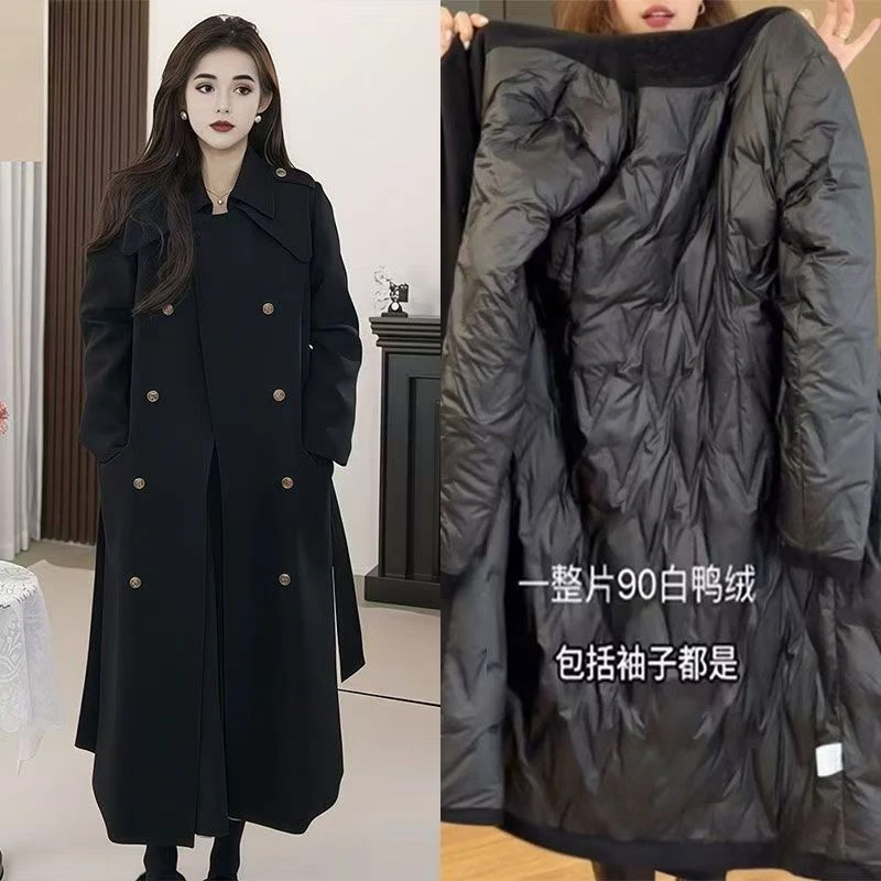 黑色鸭绒内胆毛呢外套女中长款2025年冬季新款时尚双排扣呢子大衣