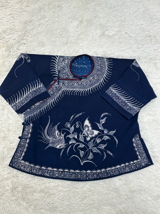 非遗蜡斜襟中式上衣民族风圆领短袖外套传统设计复古古风