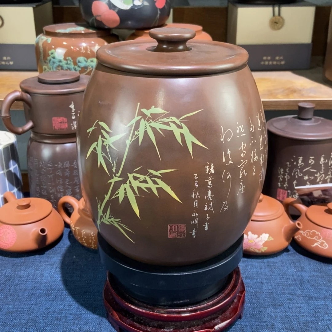 8建水紫陶手工彩填精磨醒茶罐