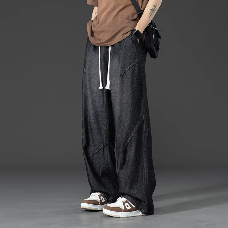 大码牛仔裤子男款夏季薄款冰丝垂感潮牌高街阔腿裤宽松直筒休闲裤