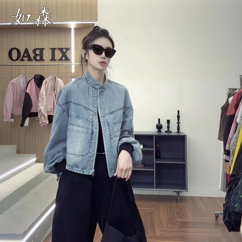 美式复古高级水洗做旧立领牛仔外套女春秋2025新款小个子百搭夹克