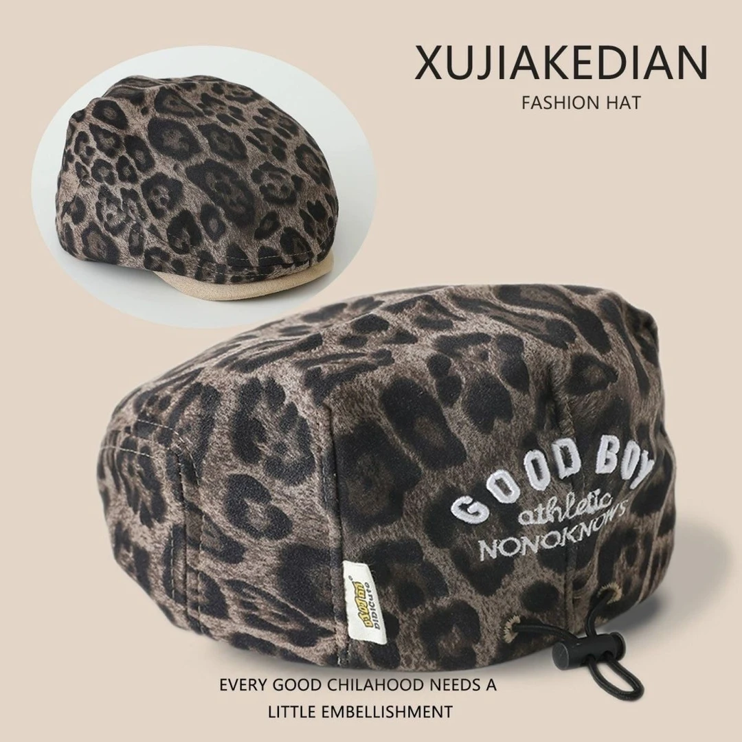 豹纹儿童帽子春秋季反带贝雷帽宝宝出游防风帅气英伦前进帽mmb