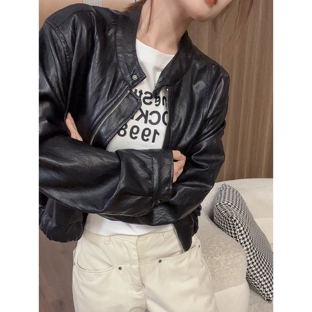 韩版立领宽松皮衣外套女新款修身显瘦短外套-W2791