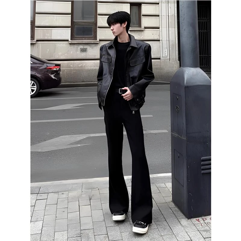 黑色微喇西裤男款垂坠高级感弯刀直筒裤子美式高街修身显瘦西装裤