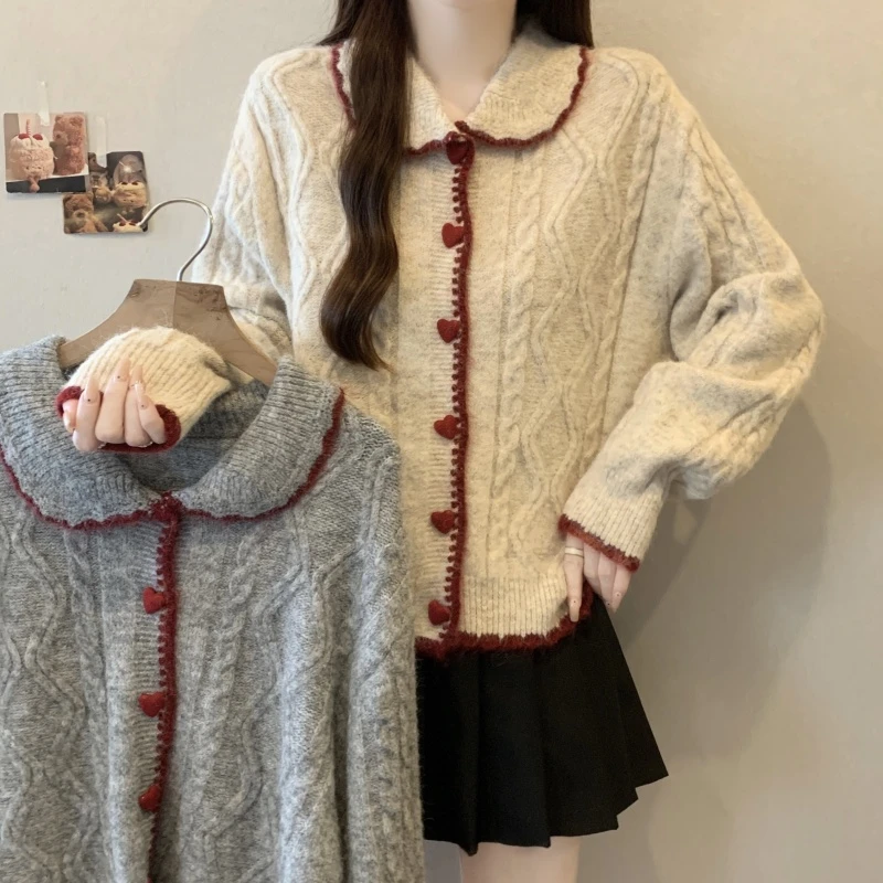 2025秋季新款长袖针织开衫单排扣拼色上衣女装毛衣宽松慵懒风1021