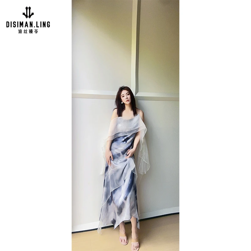 迪丝嫚苓黑白水墨连衣裙晕染吊带连衣裙雅韵古风文艺清冷感优雅感