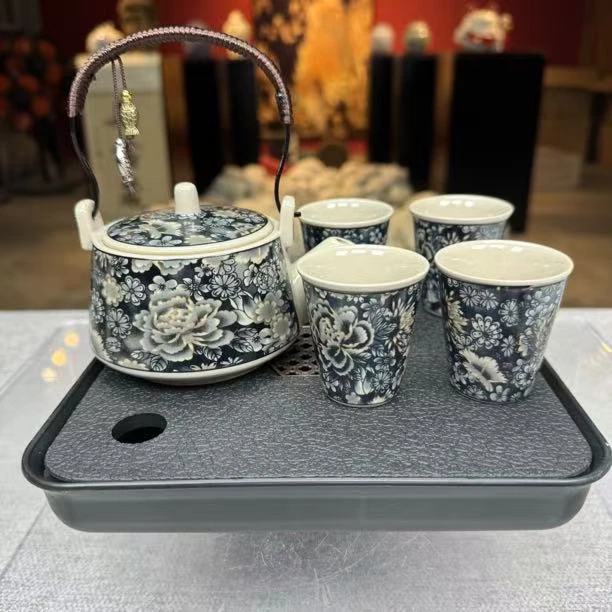 612-黑金万花提梁壶四杯+黑茶盘（114）