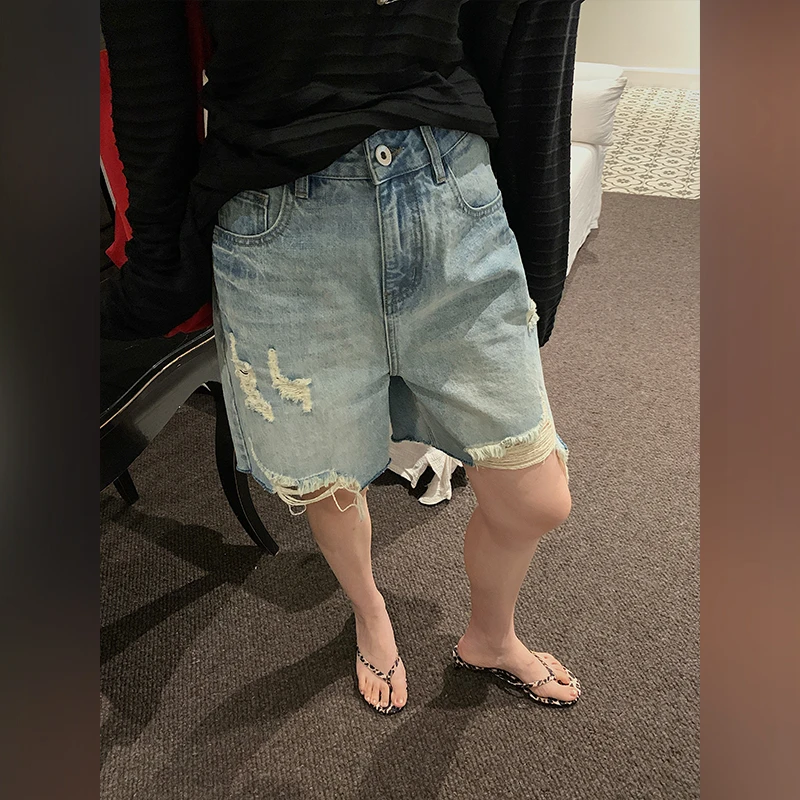 十三粥私服 磨白季风 破洞宽松毛边水洗蓝百搭牛仔短裤夏季