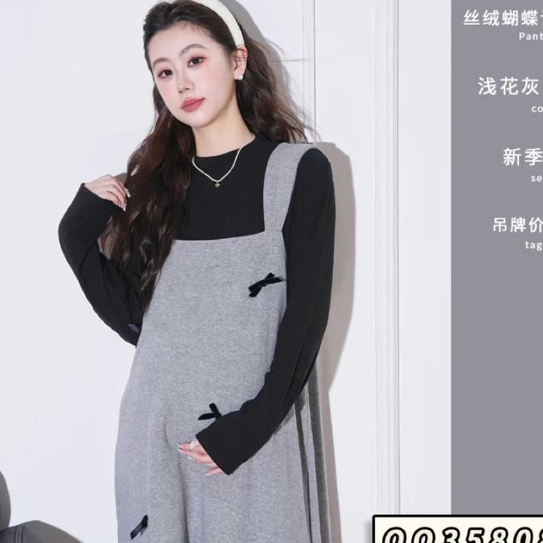 （实体店品质）孕妈妈秋冬季新款真两件小香风蝴蝶节套装