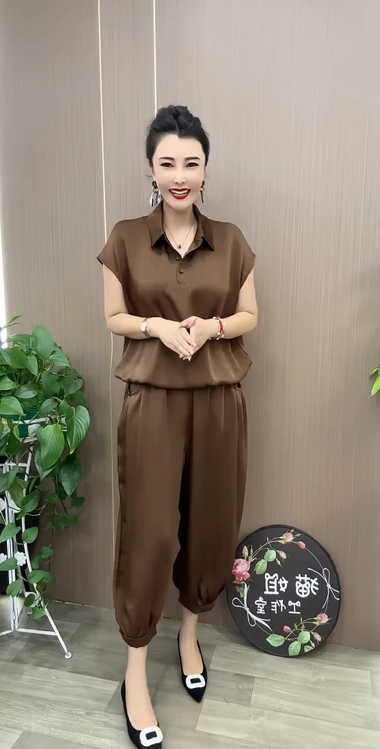 夏季新款时尚气质宽松显瘦大码翻领短袖上衣哈伦休闲裤两件套装女