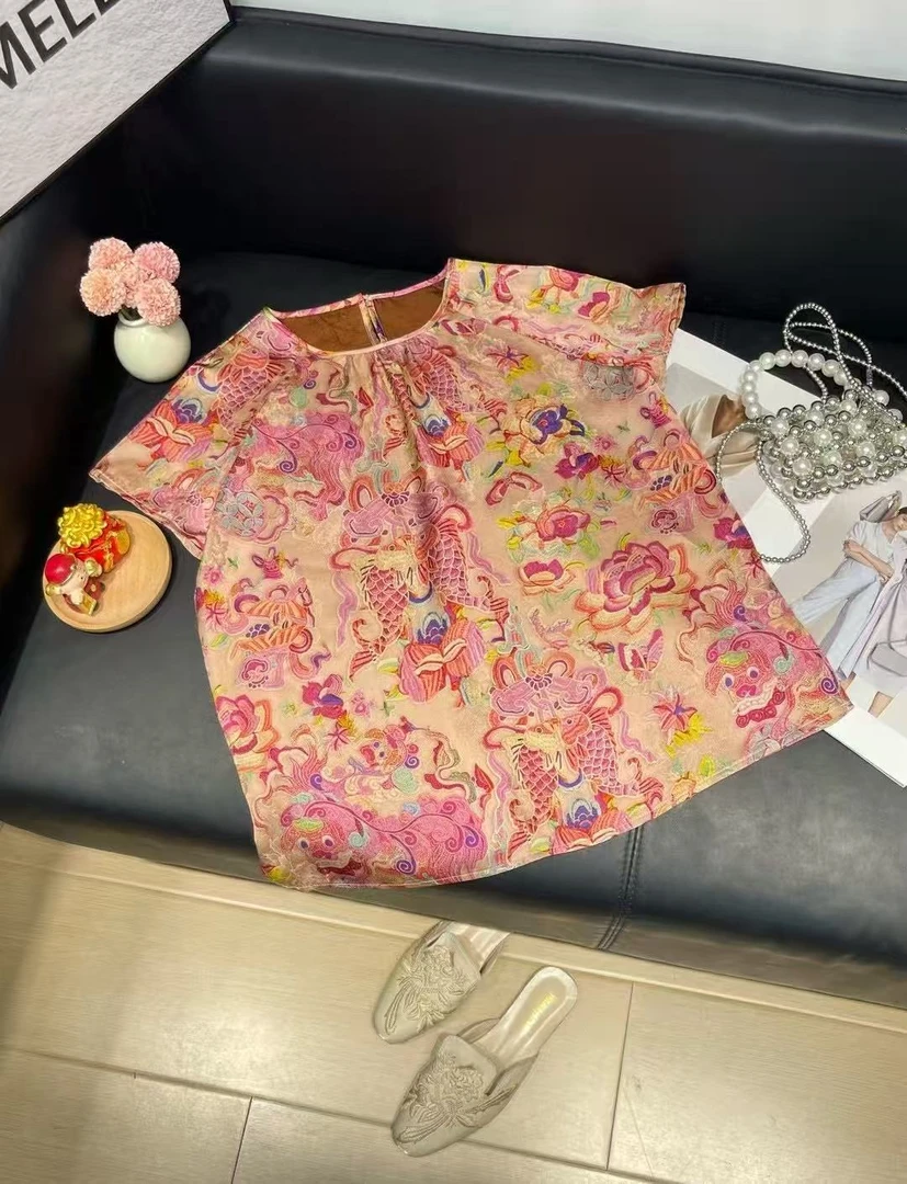 新中式国风双鱼戏莲宽松减龄百搭上衣