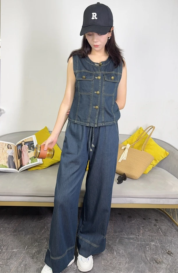 9161新款夏季单排扣无袖牛仔上衣松紧腰绑绳收腰阔腿裤两件套套装