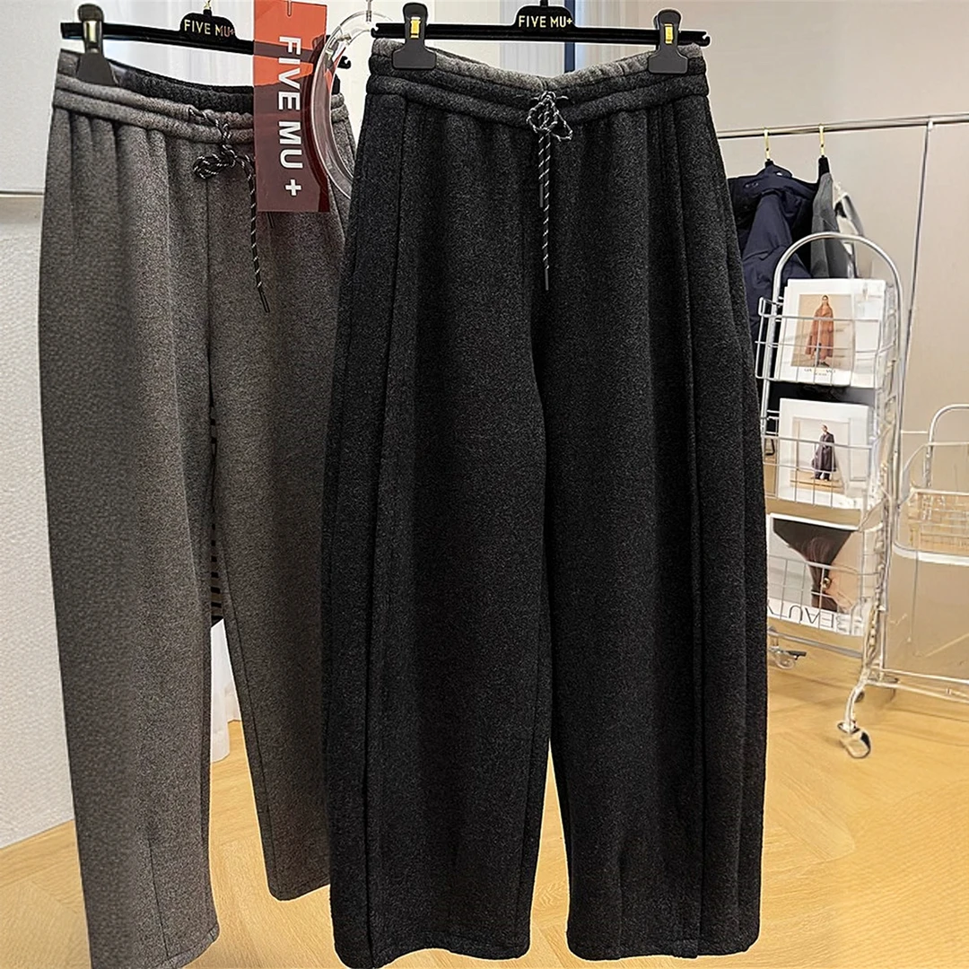 高级感加绒加厚毛呢休闲裤女秋冬松紧腰裤子弯刀裤哈伦裤慵懒长裤