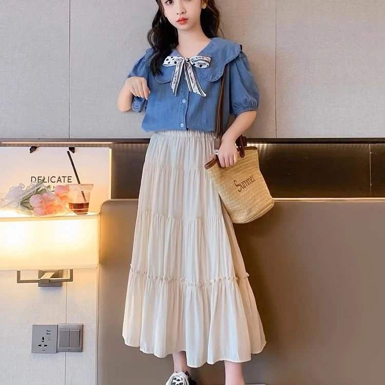女童牛仔半身裙套装夏季2025新款大童洋气网红夏装两件套连衣裙潮