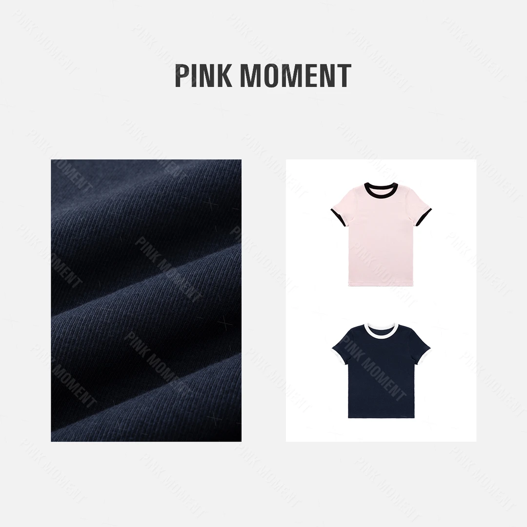 PM王囡囡 藏蓝/粉色拼色圆领休闲简约短袖T恤 ND1C1614