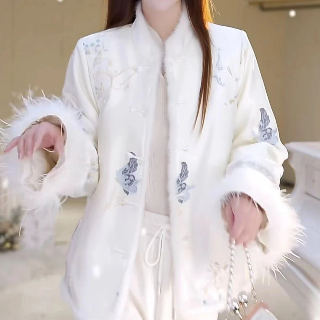 【现货】金丝绒国风刺绣拼接棉服外套女装高级感气质国风盘扣棉袄