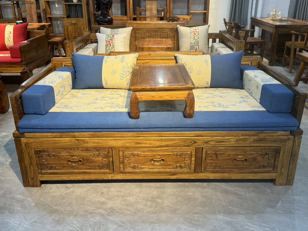 老榆木抽拉床罗汉床