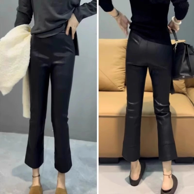 2025冬季新款大码高腰加绒加厚微喇皮裤梨形显瘦百搭九分休闲裤