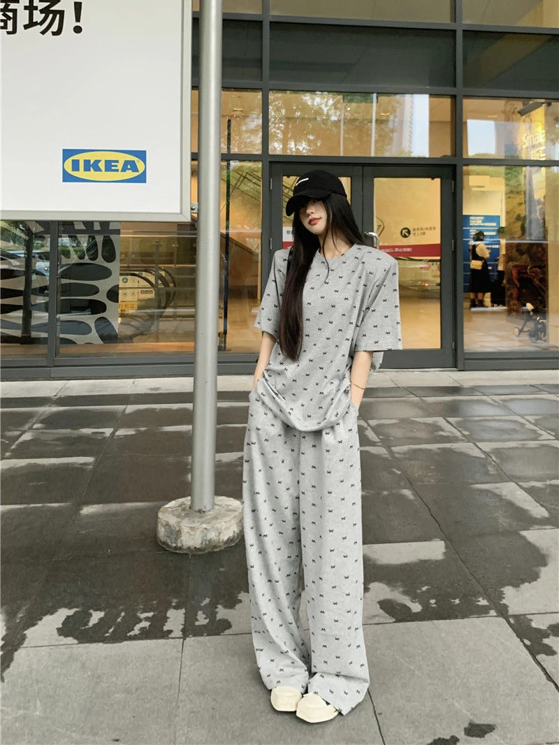 大码胖MM夏季慵懒短袖T恤搭配阔腿裤休闲时尚宽松套装灰色蝴蝶结