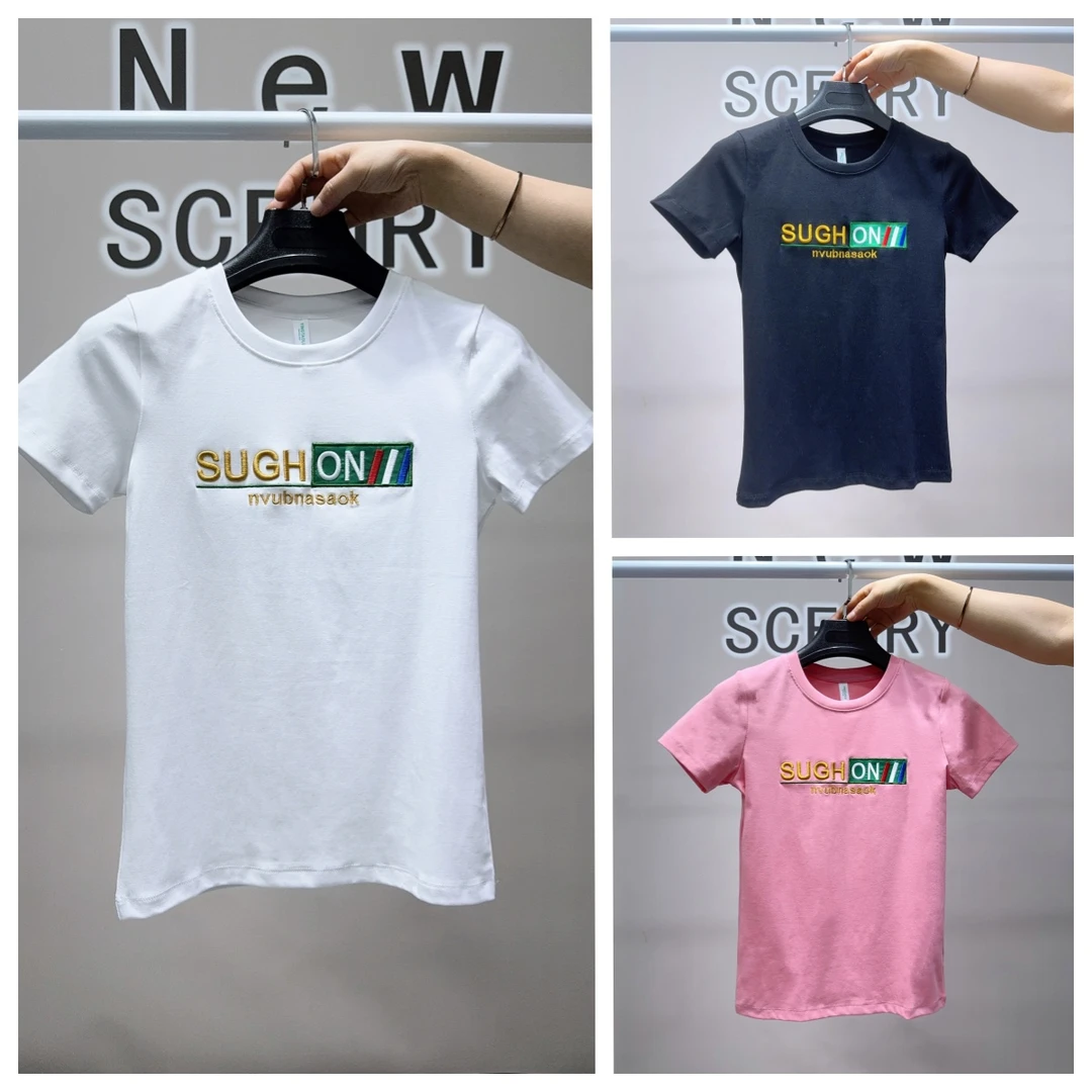 刺绣夏季几何圆领短袖常规款T恤小清新常规通用提花薄款时尚半袖