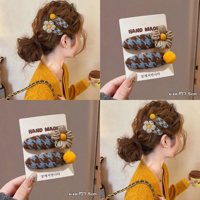 格纹毛线花朵圆球发夹女边夹侧边碎发刘海夹前额发卡新款夹子头饰商品图