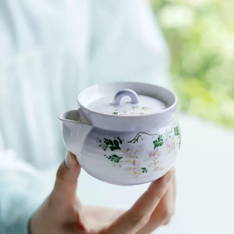 渐变紫纯手绘紫藤花中式陶瓷泡茶壶家用过滤泡茶器手抓壶单壶