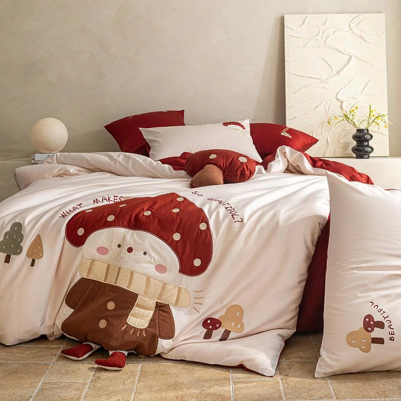 蘑菇卡通100支纯棉长绒棉四件套可爱全棉被套公主风儿童床上用品