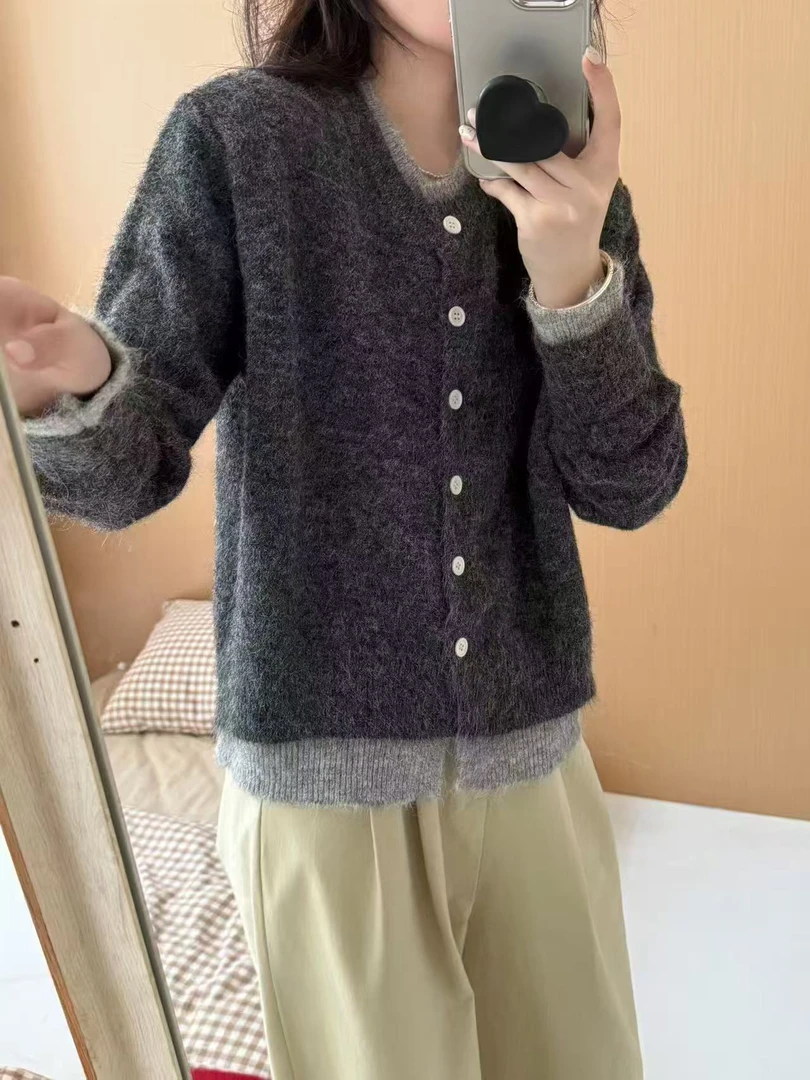 【香巧】毛针织衫秋季薄款韩系针织开衫假两件款拼接