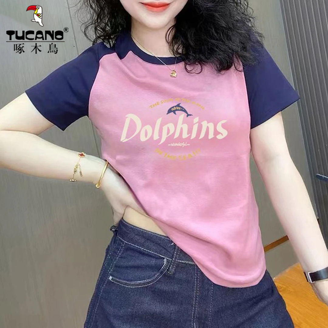 啄木鸟~妈妈装插肩短袖t恤女2025新款纯棉夏季宽松半袖体恤上衣服