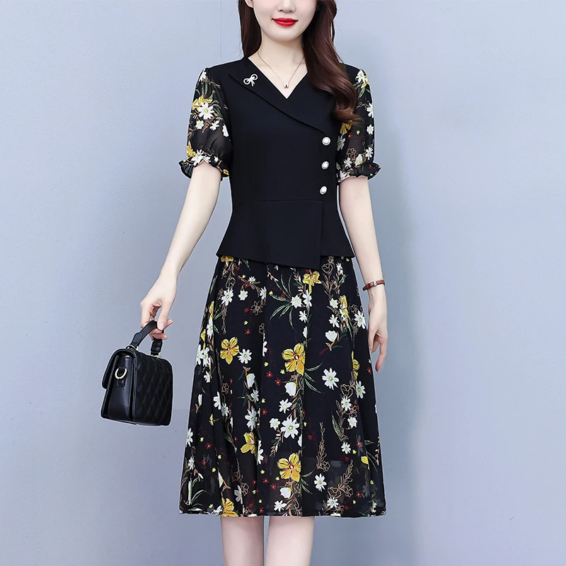 高端上档次大码女装2025夏新款胖mm西装领碎花拼接时尚遮肚连衣裙