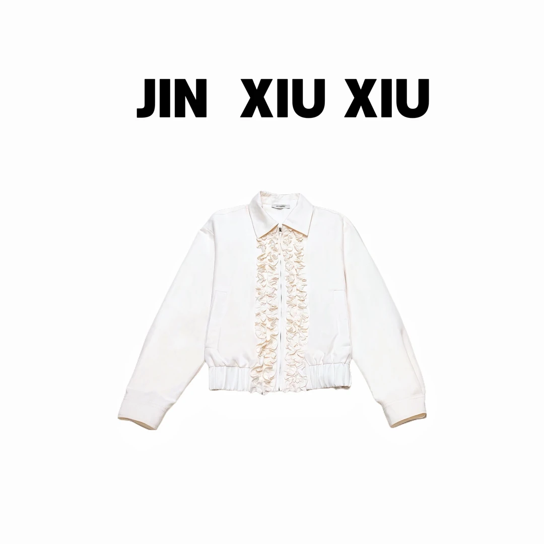 JINXIUXIU秋季新款木耳边拼接拉链Polo领百搭韩系甜美外套1055