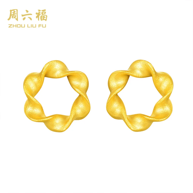 周六福花遇喷砂工艺时尚百搭小众女款足金耳饰黄金耳饰-Y8025-主