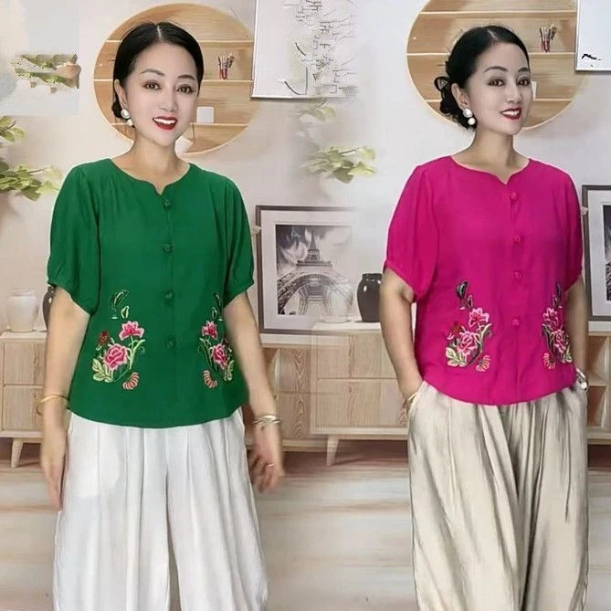 2025夏季新款民族风刺绣T恤妈妈装宽松大码女装短袖百搭上衣小衫