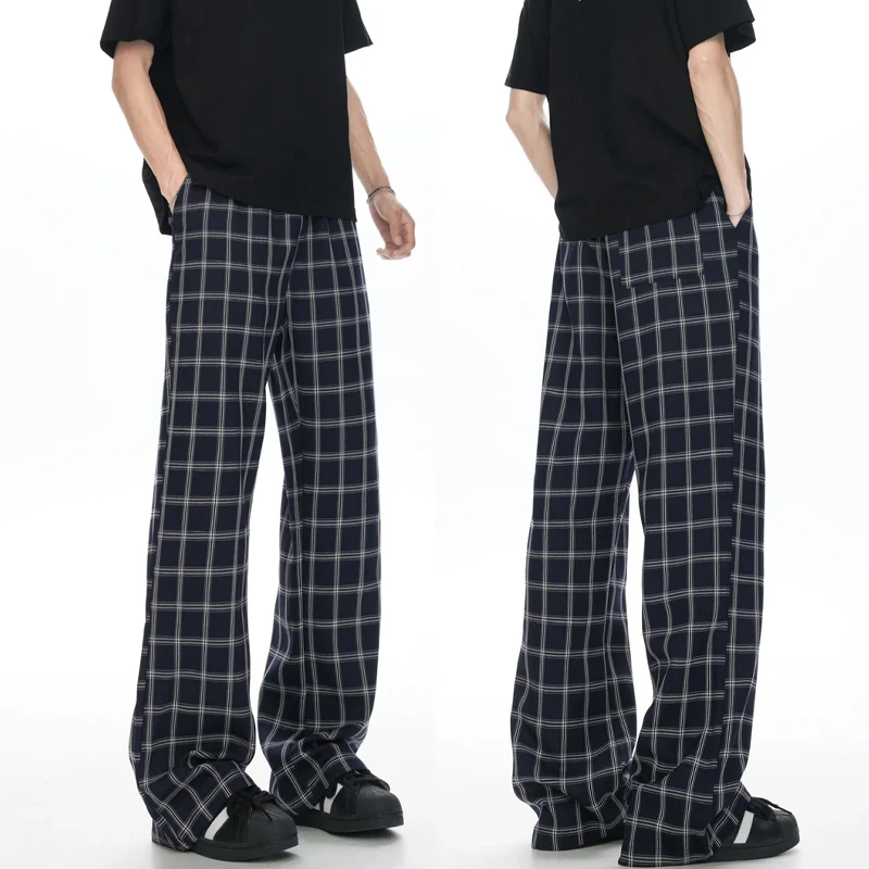 何以至此vintage美式复古格子裤男款微喇弯刀裤子宽松直筒休闲裤