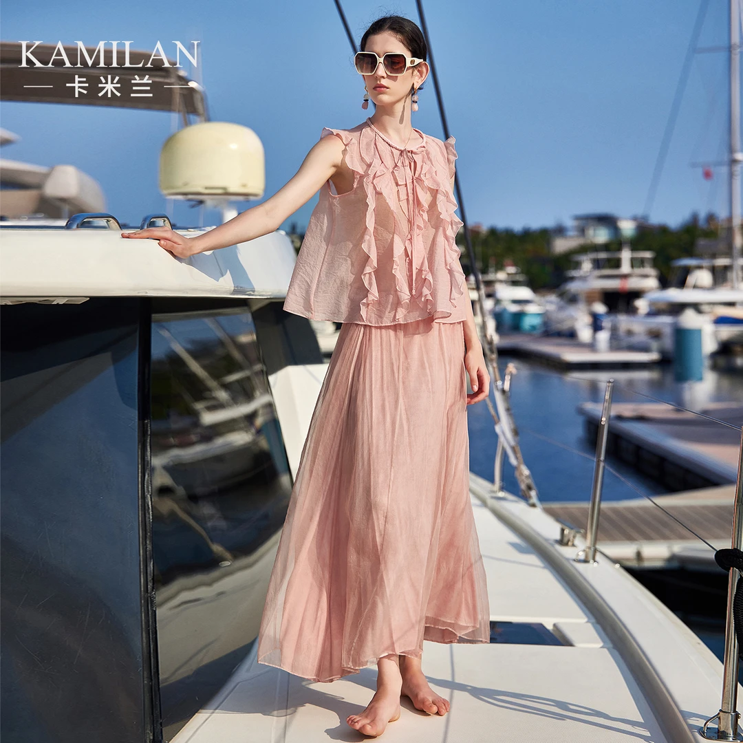 卡米兰粉色荷叶边无袖衬衫女夏2025新款漂亮小衫上衣气质独特衬衣