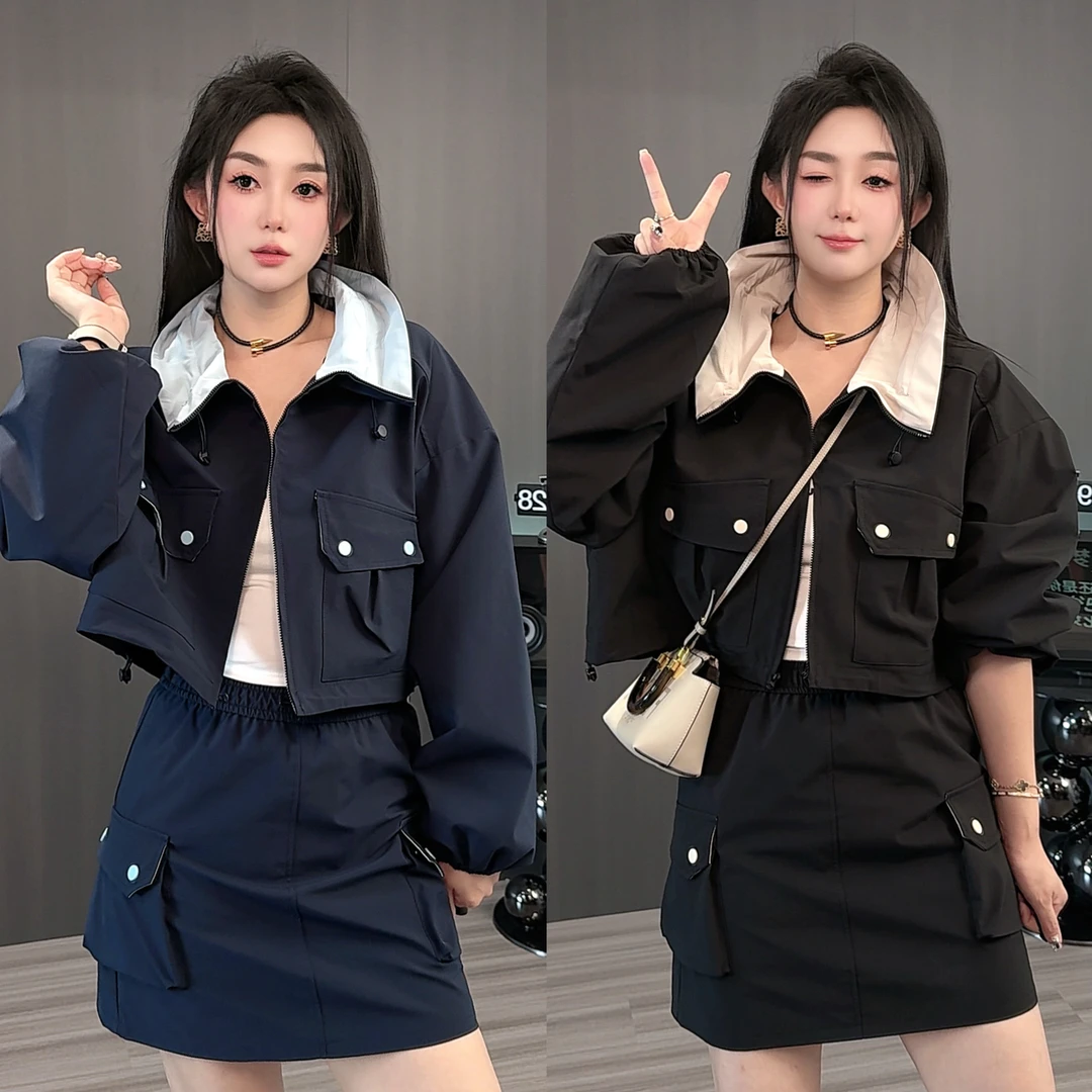 拉链长袖外套高腰半身裙短裙时尚纯色套装两件套女2025秋季新款