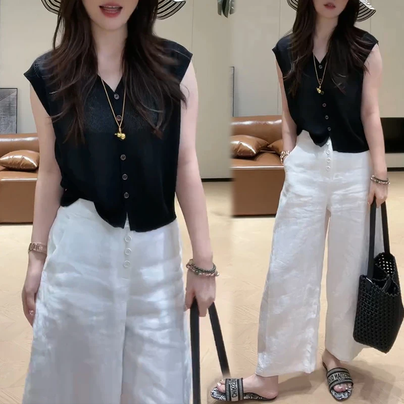 韩系V领无袖针织背心休闲阔腿裤两件套装女爆款减龄洋气套装上衣