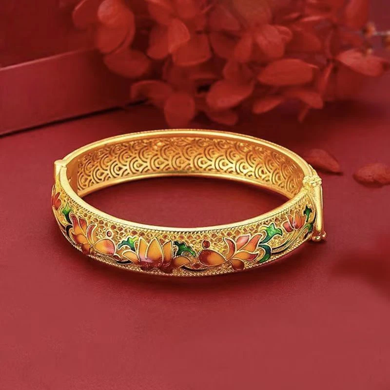 铜合金珐琅手镯 铜合金珐琅荷花掐丝卡扣手镯