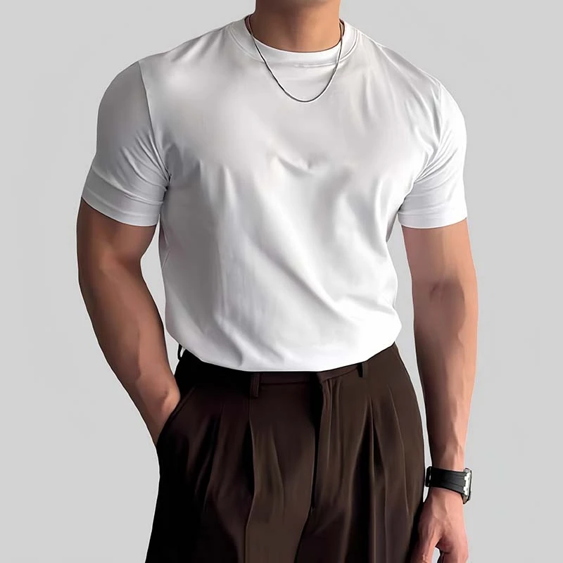 赫库森夏季新款运动速干修身短袖衫男士日常百搭纯色透气圆领上衣