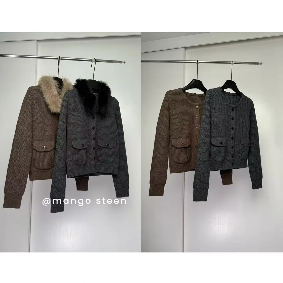 MANGO steen‘s丨设计感可拆卸狐毛针织羊毛口袋开衫I7569